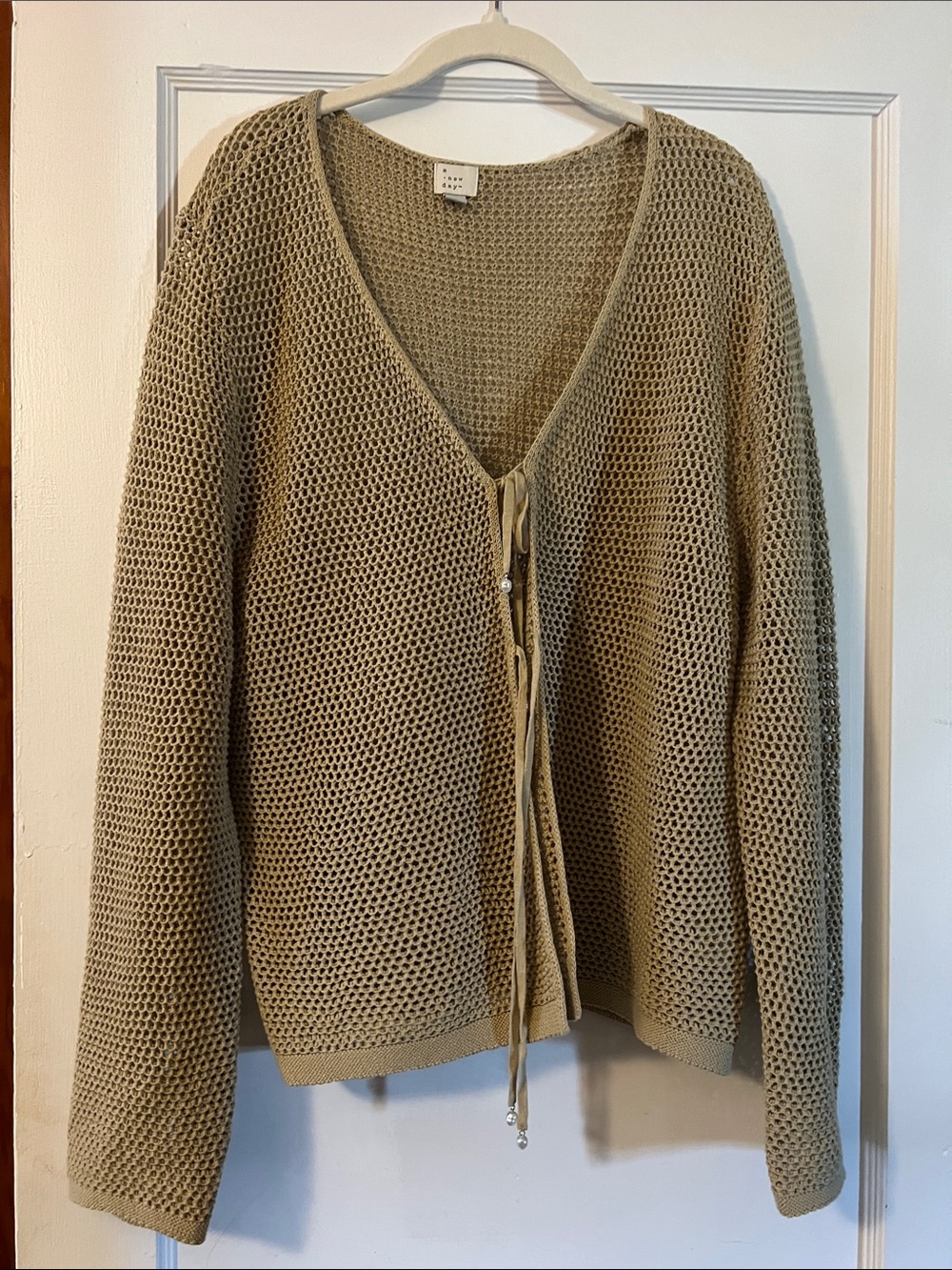 Open-Knit Tie-Front Cardigan in Taupe